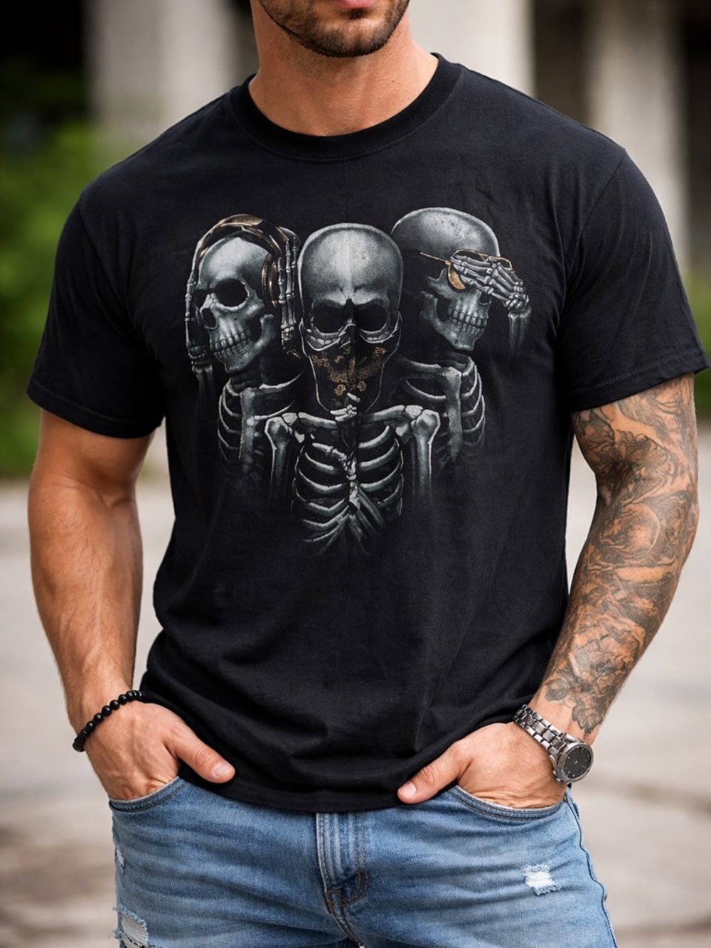 Fruit of the Loom Black Short Sleeve Tee with Triple Skull Graphic